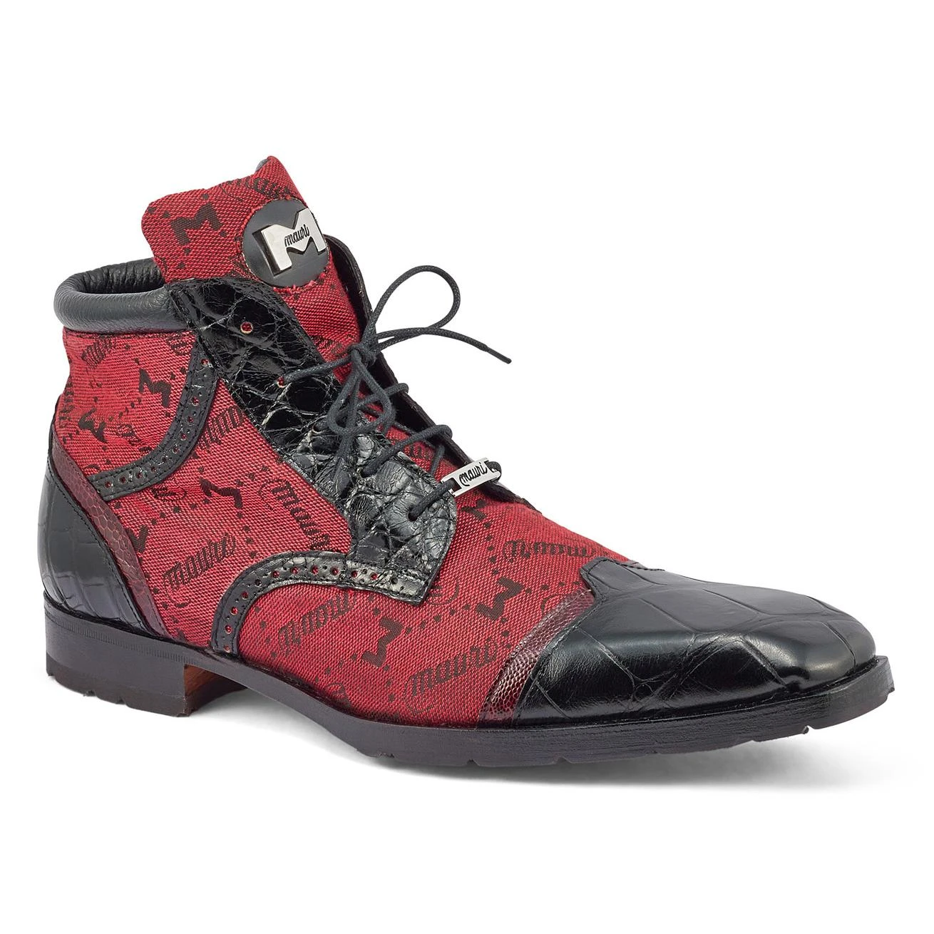 Mauri "Jetset" Black / Ruby Red Genuine Alligator / Ostrich Leg / Mauri Fabric Derby Boots 3069. 3 Mauri "Jetset" Black / Ruby Red Genuine Alligator / Ostrich Leg / Mauri Fabric Derby Boots 3069.