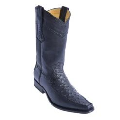 Los Altos Black Genuine Ostrich With Deer Square Toe Cowboy Boots 770305
