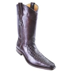 Los Altos Brown Genuine Basket Weave Lizard / Eel With Deer Skin Square Toe Cowboy Boots 716107