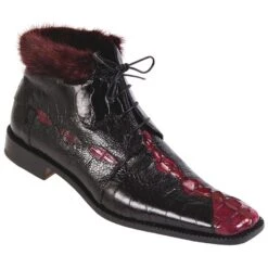 Mauri "Vail" 4409 Black / Ruby Red Genuine Hornback Crocodile Tail / Ostrich Leg Mink Fur Lining Boots