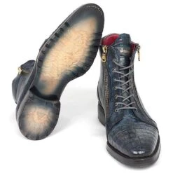 Paul Parkman ''41CNV62' Navy Genuine Genuine Crocodile / Calfskin Side Zipper Boots. -Shoe Style Shop paul parkman 41cnv62 navy genuine genuine crocodile calfskin side zipper boots 25953 02