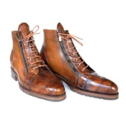 Paul Parkman ''89BRW51'' Brown Genuine Crocodile & Calfskin Side Zipper Boots.